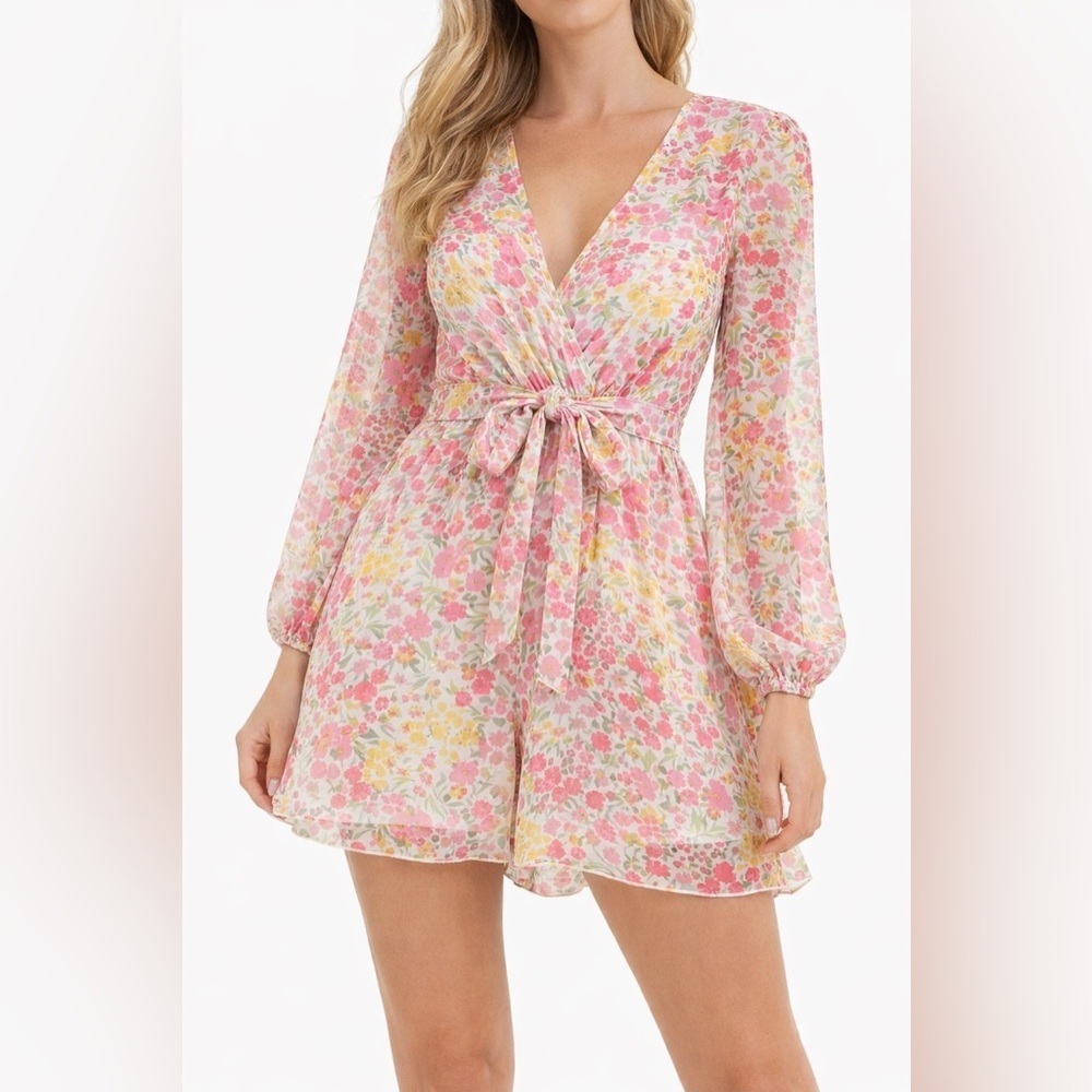 Miss Selfridge Floral Chiffon Romper Pink Yellow Long Sleeve V-Neck US 12 NWT